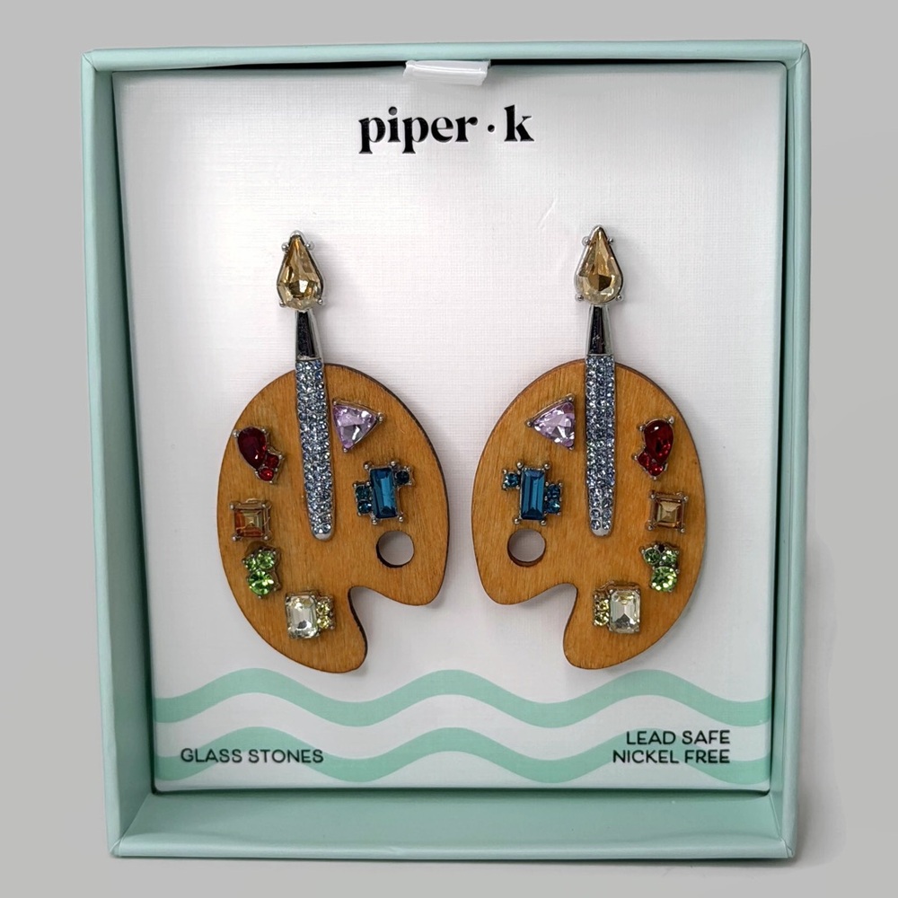 Piper K Wood Artist Paint Palette Earrings with Multicolor Gems